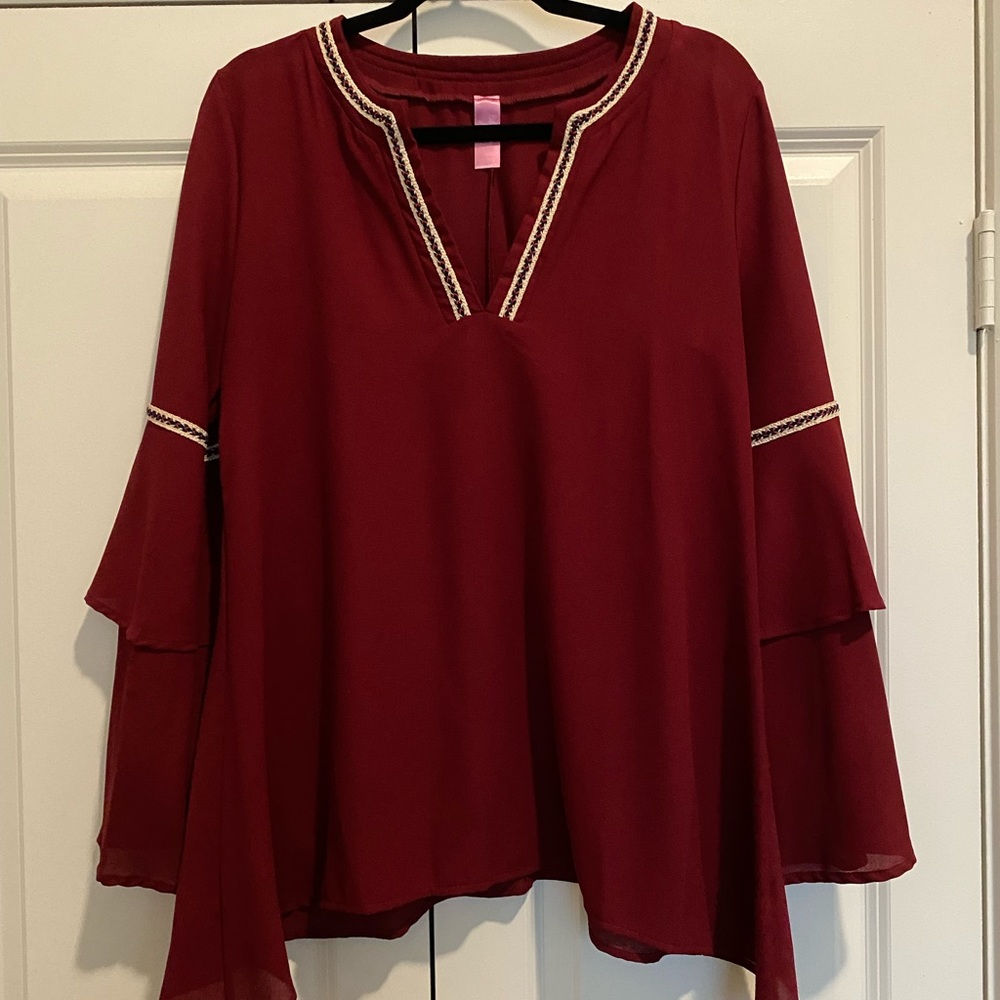 Burgundy Long Bell Sleeve Blouse